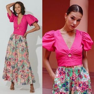 CLEOBELLA Pink Organic Cotton Puff Short Sleeve V-Neck Keyhole Cutout Crop Top M